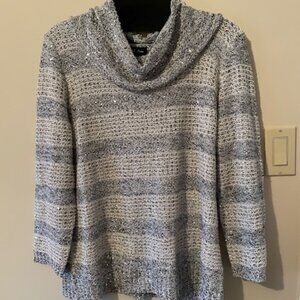 Nue Options White/Grey wTiny Sparkling Silver Discs Sweater Cowl Collar Sz XL